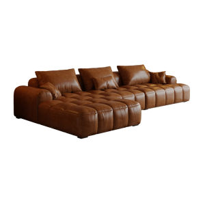Government Subsidized Modern Brown Faux Leather Sofa Vintage Style Living Room Couch with Storage Ottoman Compact Apartment Size