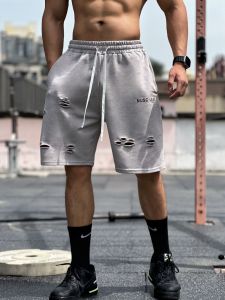 Mens Summer New Sport Casual Cotton Shorts Five-Point Basketball Fitness Sweat Absorbent Hole Short Pants Breathable Quick Dry