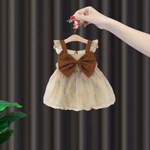 Princess Style Summer Dress for Girls Baby Girls Cotton Blend Mesh Skirt Vintage A-Line Midi Dress with Butterfly Knot