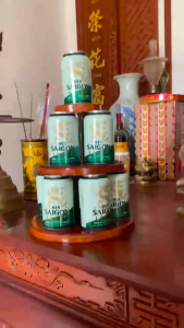 Phụ kiện trang trí ban thờ  ban thần tài... Tháp 3 tầng gỗ tự nhiên bày bia và nước ngọt