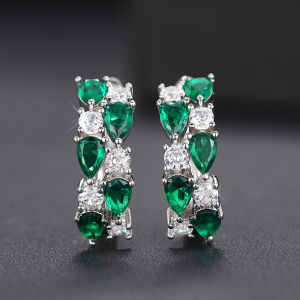 Huitan Luxury Trendy Womens Hoop Earrings with Waterdrop Blue/Green Cubic Zirconia Wedding Party Temperament Female Jewelry