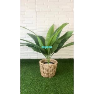Pohon Artificial Tanaman Hias Daun Kunyit X12 Latex Cover Pot Anyaman Rotan Dekorasi Ruang Tamu Aesthetic