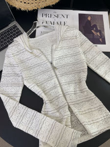 PAIBOLI | Large Size Black White Striped Lace Short Outerwear Womens Autumn Zipper Thin Long Sleeve Sun Protection Open Cardigan Slim Fit