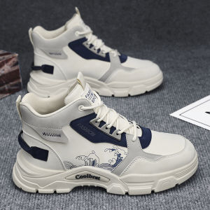 High-Top Mens Shoes 2025 New Winter Trend Brand Versatile Leather Surface Casual Skate Shoes Mid-Top Thick Bottom Heightening Sports Trend Shoes