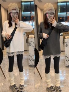 เสื้อยืดลายลูกไม้สไตล์เกาหลีสำหรับผู้หญิง ฤดูใบไม้ร่วง 2025 แฟชั่นใหม่ เสื้อชั้นในยาวปานกลาง ชั้นใน ชุดชั้นใน ชุดชั้นใน