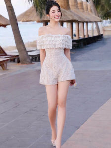 Unique Elegant Lace and Embroidery Flounce Off-the-Shoulder One-Piece Jumpsuit Waist-Shaping Womens Clothes