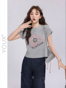 YOUXIANG | Áo Thun Ngắn Tay Trang Trí Hoa