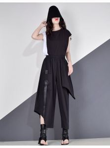 XITAO Patchwork High Waist Pocket Irregular Elastic Waist Pants  XJ4619