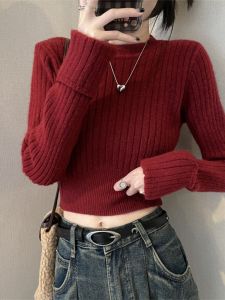 Red Short Knitted Base Shirt Womens Autumn Winter Chic Snake Year Christmas Top Korean Style Splice Long Sleeve round Neck