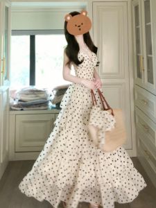 CHANGTONG | V-Neck Dotted Tulle Strap Dress