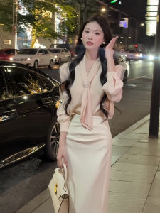 Fall New Style French Professional Long Sleeve Shirt + High Waist Slit Mini Skirt Set Womens Fashionable Office Outfit