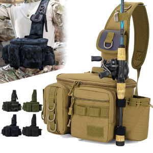 กระเป๋าอุปกรณ์ตกปลาพร้อมที่ใส่คันเบ็ด สำหรับกิจกรรมกลางแจ้ง กีฬาทางยุทธวิธี กระเป๋าคาดเอวใส่เหยื่อตกปลา เหมาะสำหรับเดินป่า ปีนเขา ตั้งแคมป์ และเดินทาง