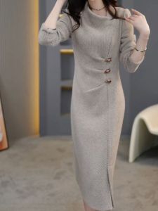 Thickened Womens Dress Elegant High Waist A-Line Skirt Long Sleeve Mid-Length Autumn Winter Fashion Luxury Sensation Single Piece