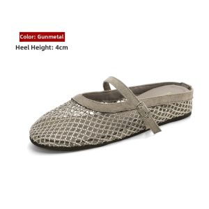 MIFEI | Sheepskin Hollow Out Crystal-Embellished Fishnet Wedge Mary Jane Shoes
