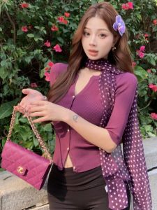 GUZILIAN | French Style V-neck Long Sleeve Slim Fit Knitted Top Women Summer Thin Polka Dot Silk Scarf Simple Design Commute Fashion