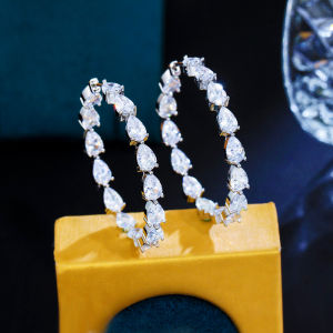 SEQUITO Classy Ladies Jewelry Silver Plated Pave Setting Waterdrop Cut AAA Zirconia Exquisite Big Round Hoop Earrings for Daily Party Ear Decoration SE900