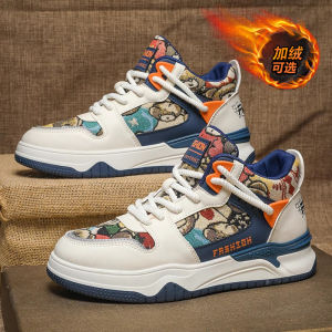 Mens Winter High Top Fleece Lined Warm Cotton Sports Shoes Thick Bottom Platform Heightening Flat Shoes Trendy Youth Style