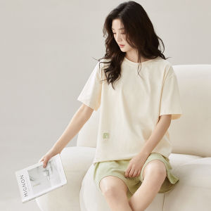 miiow | Ice Silk Womens Summer Lightweight Sleepwear Short Sleeve Loose Fit Home Clothes With Chest Pad Can Be Worn Outside Round Neck