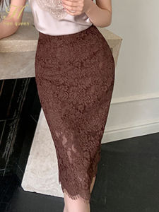 Vintage French Style Chic Casual Female Work Sheath Pencil Skirts Mujer Women Fashion Summer Hollow Lace Skirt