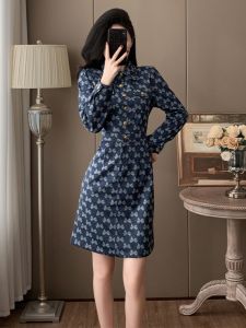 Elegant Retro Style Womens Dress Slim Fit Denim Skirt Spring Autumn Fashionable Short Waist Cinching Long Sleeve Midi Dress