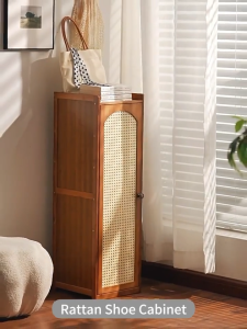Bamboo Rattan Door Shoe Cabinet Single Door Multi-layer Storage Cabinet Indoor Space Saving Breathable Mesh Design