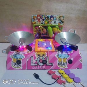 Kompor Mainan Anak perempuan satu set lengkap bisa nyala 3tungku +  bakaran bisa di cas