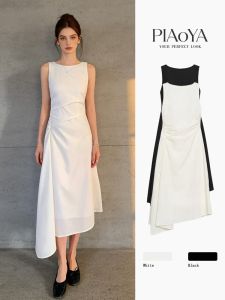 PIAOYA | White Sleeveless Waist Accentuated Asymmetrical Pleats French Style Dress