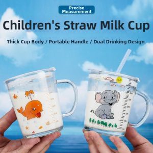 Milk and Fruit Glass Cup for Kids with Straw Cartoon Handle Marked