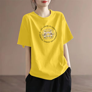 New 2025 Womens Loose Fit Cotton T-Shirt Short Sleeve Slimming Belly Covering Shoulder Appropriate Red Summer Top