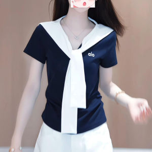 Shalldoer | Retro Hong Kong Style Short Sleeve T-Shirt And Wide Leg Pants Two-Piece Set For Women V-Neck Navy Collar Embroidery Summer Outfit