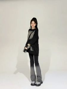 2023 New Gradual Grey Micro-Cropped Jeans Female Spring New High-Waisted Elastic Slimming Personality Pants Spice Girl Bell Bottoms