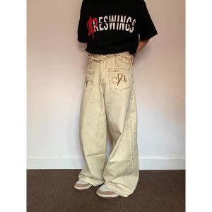 กางเกงยีนส์ทรงหลวมสำหรับผู้ชาย American Street DirtyFit Embroidery สีฟaded ทรงตรง กางเกงขายาวลำลองสำหรับผู้ชาย