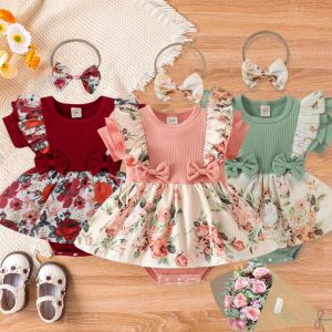 Summer Baby Girl Dress With Bowknot headband Striped Jumpsuit Cotton Dress For Newborn Floral Clothes Baby Crawling Clothes
