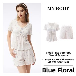 Mybody | Cherry Pattern V-Neck Lace Border Padded Sleepwear Set