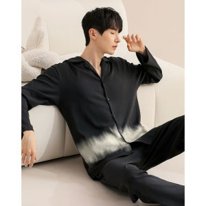 New 2025 Mens Sleepwear Long Sleeve Cotton Pajamas Set Casual Home Clothes Black Large Size Comfortable Soft Feelings