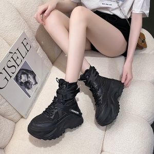 Chunky Platform White Motorcycle Boots Women Buckle Lace Up Thick Bottom Ankle Boots Woman 2024 Autumn Fashion Vulcanized Shoes