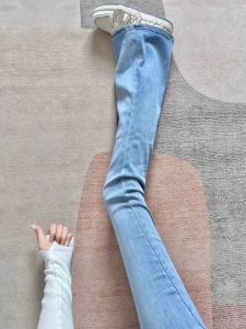 ขยาย พลัสไซส์ สูง เอว ยืด พรางหุ่น ก้นกระดิ่งสีฟ้าอ่อน กางเกงยีนส์ ผู้หญิง ฤดูใบไม้ร่วง High Rise ยืดได้ กีบม้า กางเกง