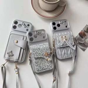 Shiny Case for iPhone 18 Pro Max 16 15 14 17 Leopard Print Glitter Pearl Flower Card Pocket Crossbody Strap Elegant Silver Cover