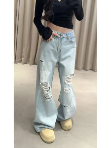 กางเกงยีนส์ทรงหลวมเอวสูงลายลูกไม้สีฟ้าอ่อน กางเกงขายาวทรงหลวมสำหรับผู้หญิง ดีไซน์ลายเพชร ทรงหลวม สวมใส่สบาย ฤดูร้อน 2025