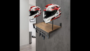 Wall Mount Wood Motorcycle Helmet Holder With Shelf 4 Hooks Holds 2 Hat Stands for Bikers Sports Gear Cycling