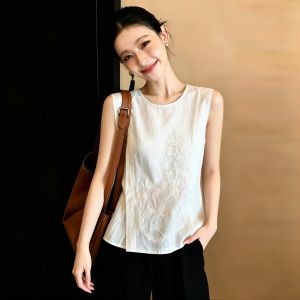 SHUAIYUE | Áo Nữ Vintage Đơn Giản Sang Trọng Thêu Trắng Không T Tay Ôm Dáng Đa Năng