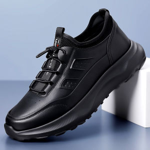 Mens Casual Leather Shoes Comfortable Sports Business Commuting Autumn Black Soft Surface Wear-resistant Dad Walking Shoes