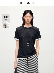 DESIGNICE | Cotton Color Block Faux Two-piece Round Neck Short Sleeve Womens T-shirt