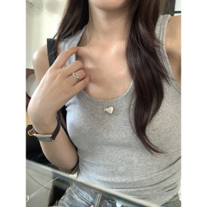 Gray Knitted Short Sleeveless Slim Fit Vest for Women Halter Neck Summer New Style Commute Single Piece Pure Color Cotton Blend