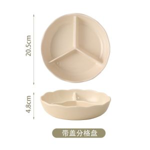Ins Style Three-Compartment Ceramic Plate with Lid Deepened Microwave Heating Candy Color Dinnerware for Single Person Fat Reduction