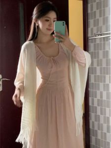 French Gentle Style Sweet Long Sleeve Waist Cinched Dress Slimming Elegant Long Dress Autumn Fashion Womens High Waist Dress