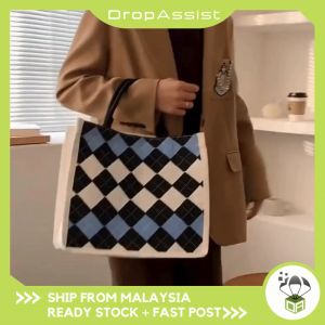DROPASSIST 1574 Women Plaid Series Canvas Burlap Fabric Tote Jute Soft Linen Shopping Grocery Bag Beg Telekung Balik Kg