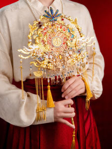 Circular Fan Wedding Bride Ancient Chinese Style Wedding Handmade DIY Material Package Golden Finished Wedding Fan Customization