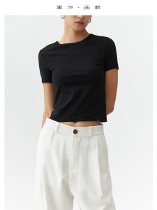 Áo Thun Nữ Tay Ngắn Màu Trơn Cơ Bản Ôm Vừa Vặn Co Giãn Mùa Hè 2024 Áo Thun Cotton Pha Trộn Polyester Cổ Tròn Dài Ngắn