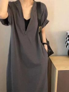 Gray Zipper Short Sleeve Loose Womens Dress Summer 2025 New Style Korean Version plus Size Fat MM Commute Versatile Long Skirt